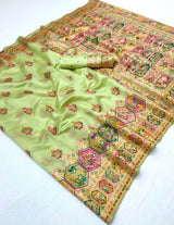 Desirable Pista Pashmina Silk Saree With Conflate Blouse Piece