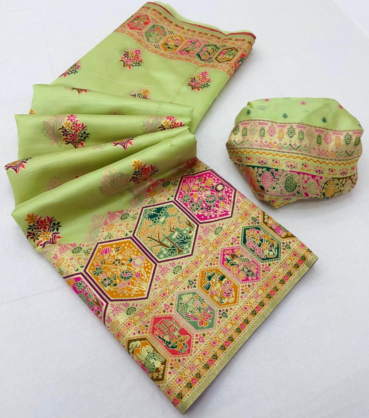Desirable Pista Pashmina Silk Saree With Conflate Blouse Piece