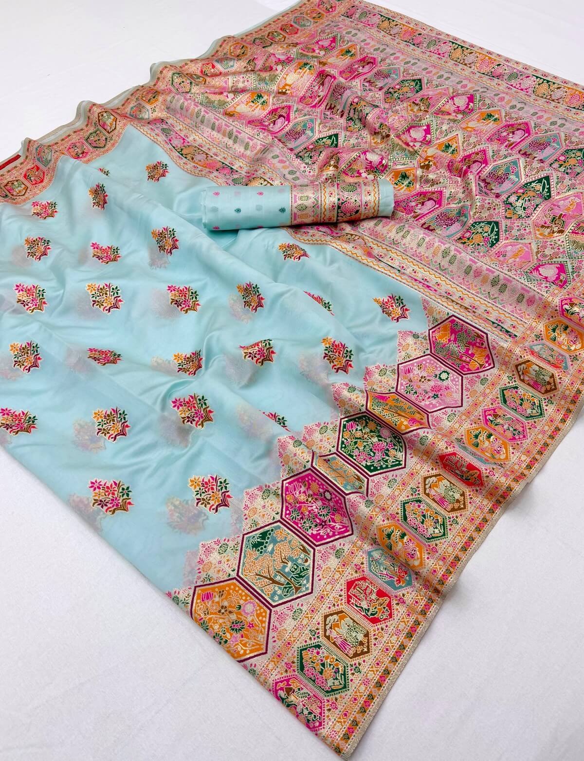 Gratifying Sky Pashmina Silk Saree With Propinquity Blouse Piece