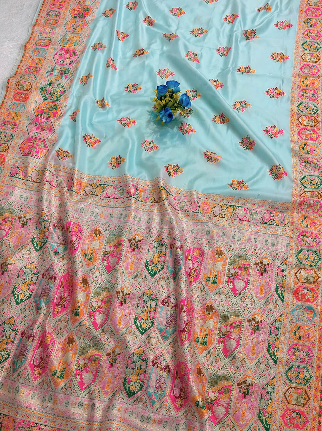 Gratifying Sky Pashmina Silk Saree With Propinquity Blouse Piece