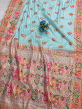Gratifying Sky Pashmina Silk Saree With Propinquity Blouse Piece