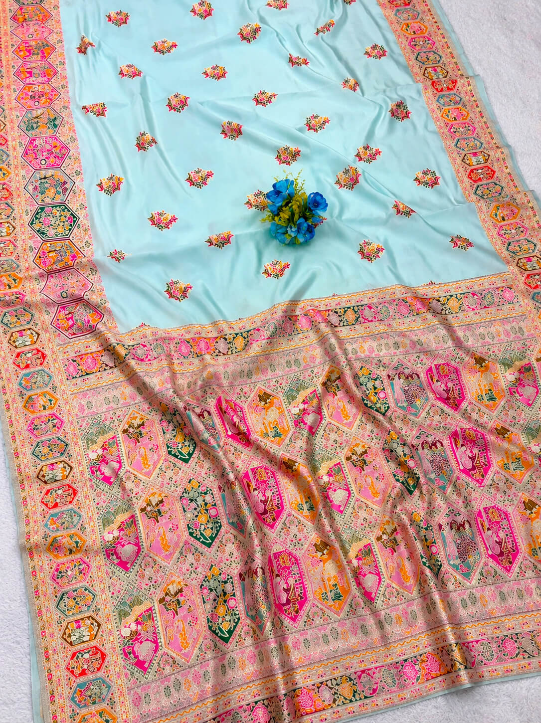 Gratifying Sky Pashmina Silk Saree With Propinquity Blouse Piece