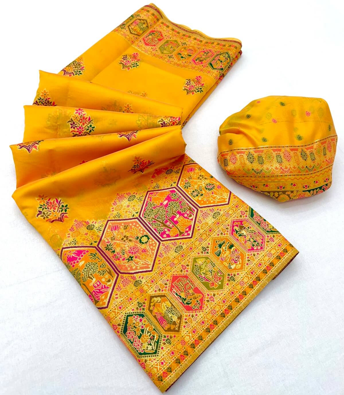 Ethnic Yellow Pashmina Silk Saree With Resonant Blouse Piece