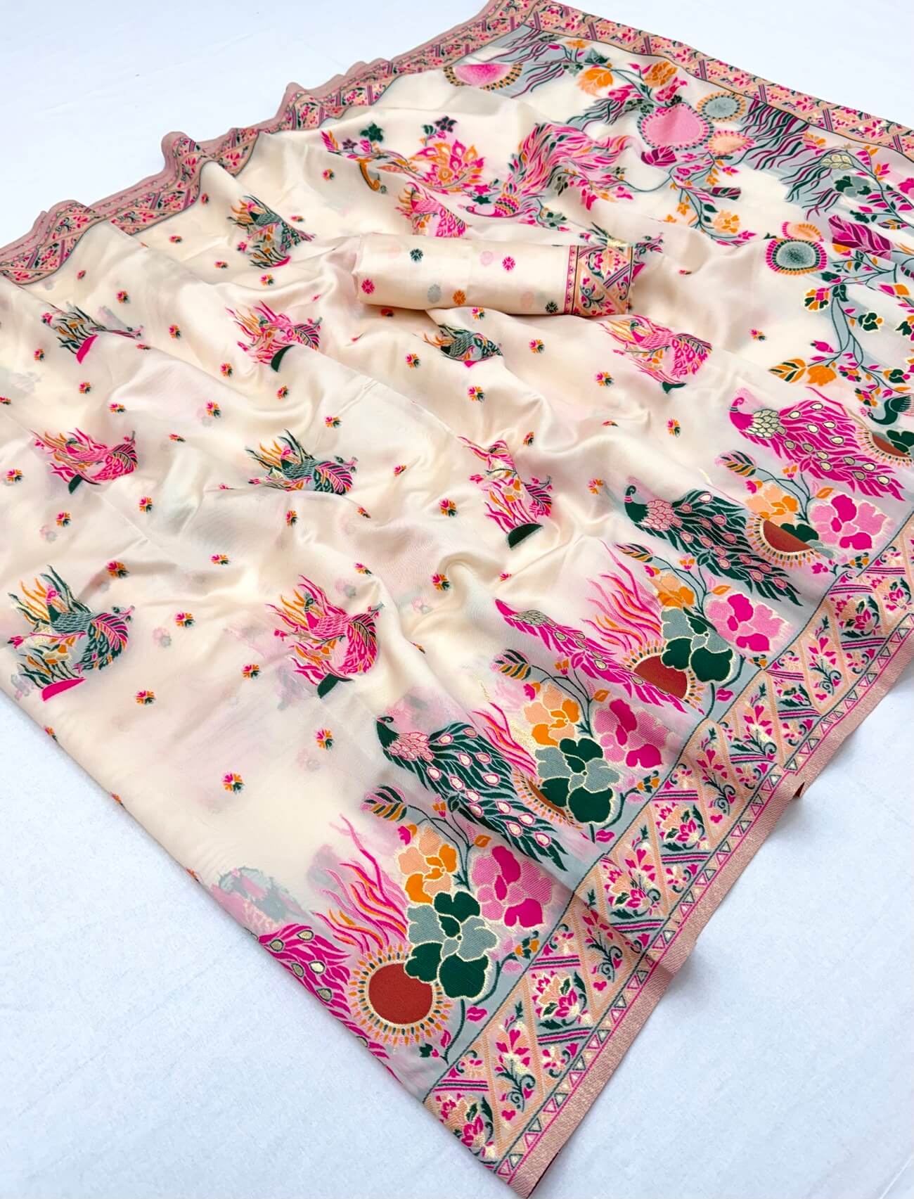 Pleasurable Beige Pashmina Silk Saree With Efflorescence Blouse Piece