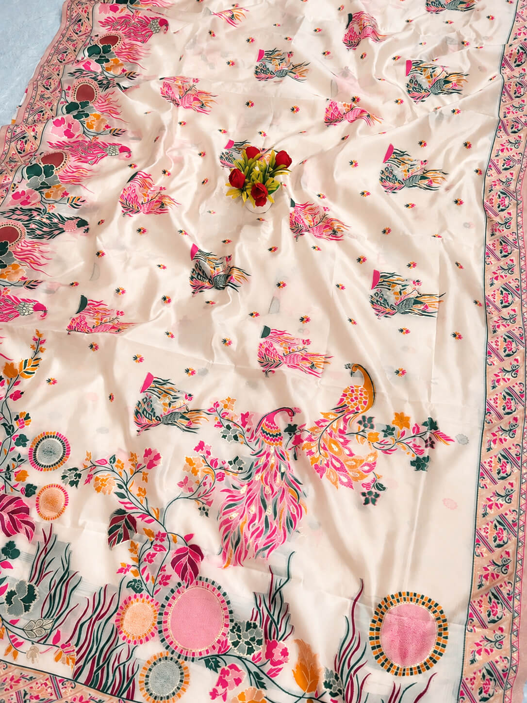 Pleasurable Beige Pashmina Silk Saree With Efflorescence Blouse Piece