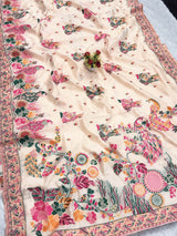 Pleasurable Beige Pashmina Silk Saree With Efflorescence Blouse Piece
