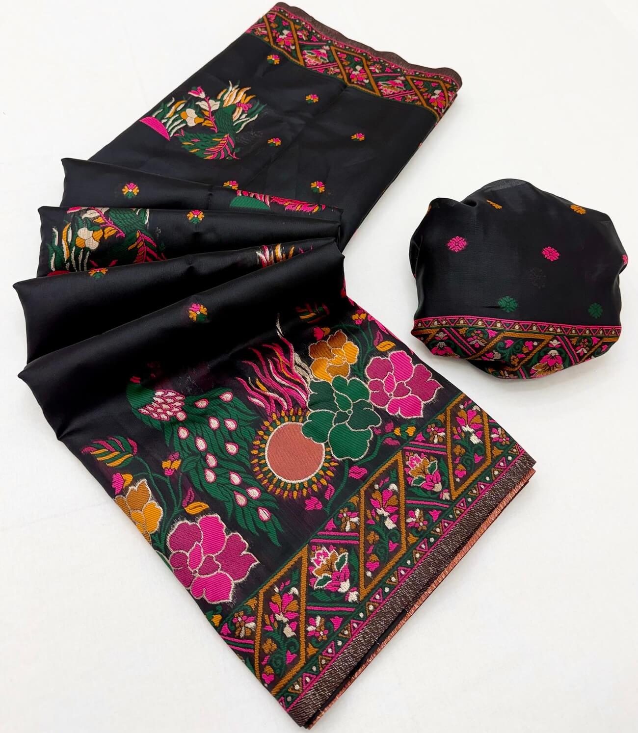Sensational Black Pashmina Silk Saree With Evanescent Blouse Piece