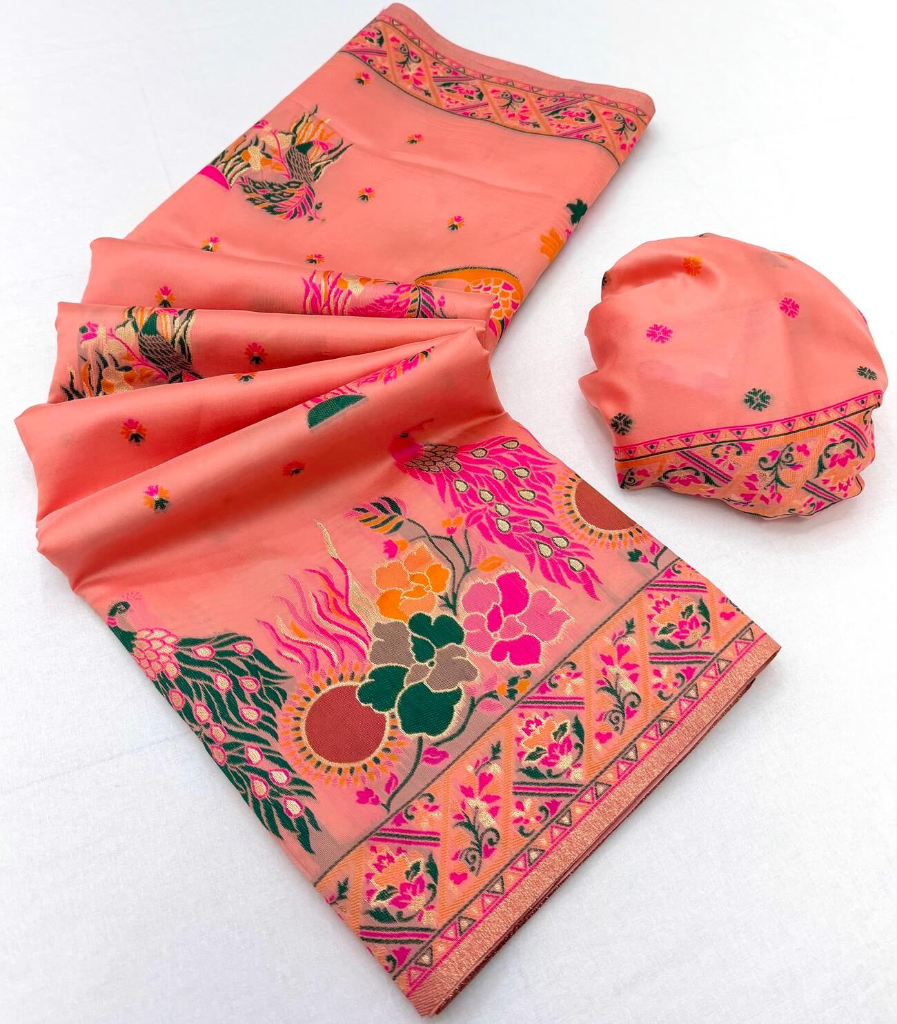 Pulsating Peach Pashmina Silk Saree With Comely Blouse Piece
