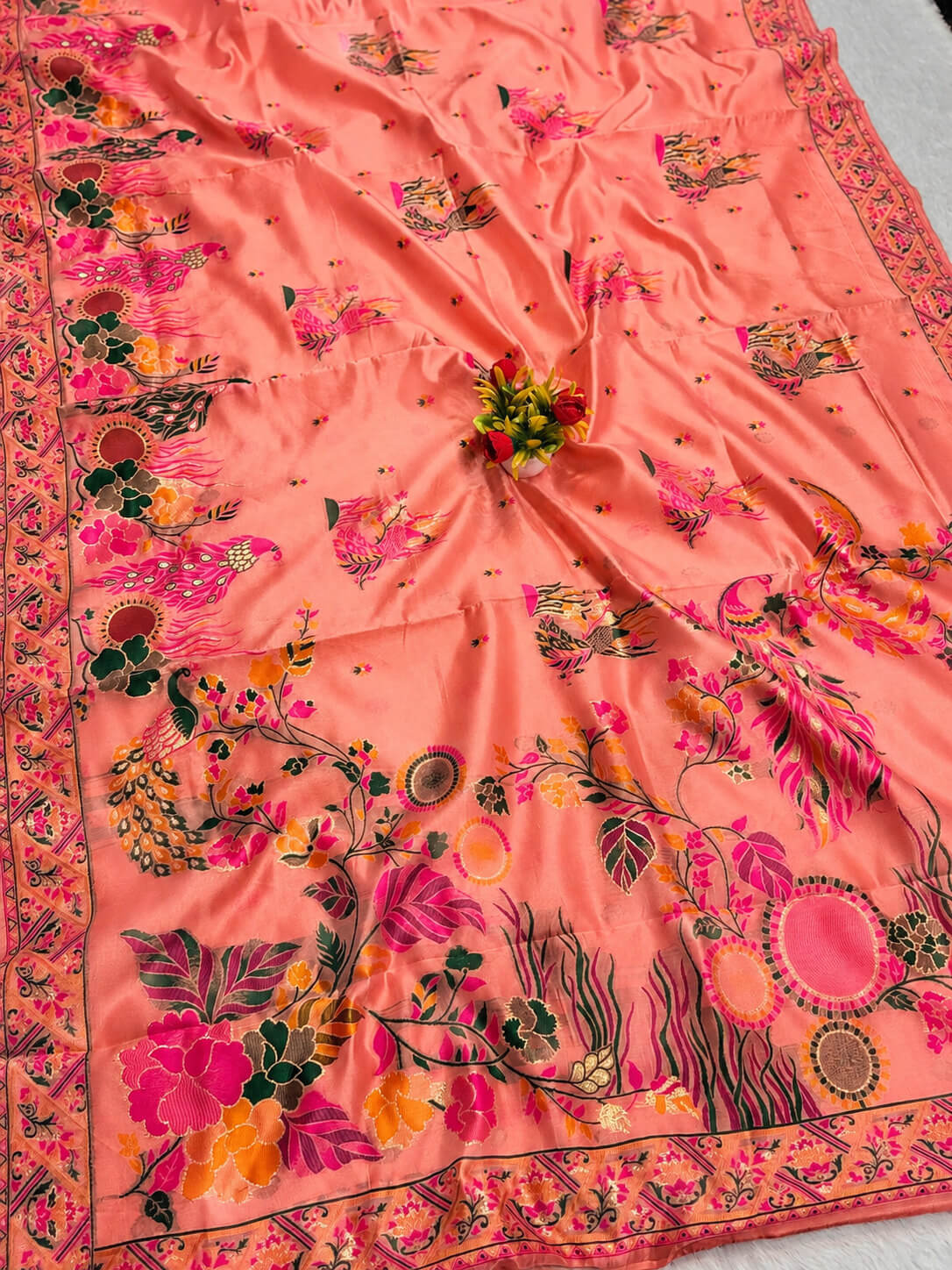 Pulsating Peach Pashmina Silk Saree With Comely Blouse Piece