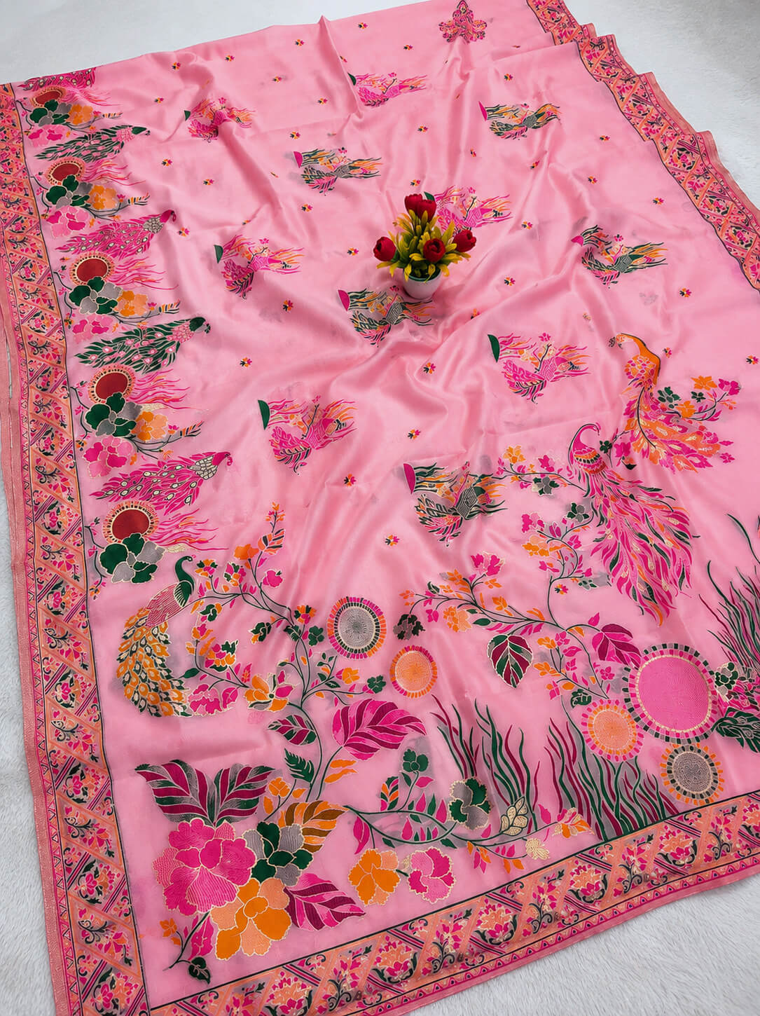 Smashing Pink Pashmina Silk Saree With Diaphanous Blouse Piece