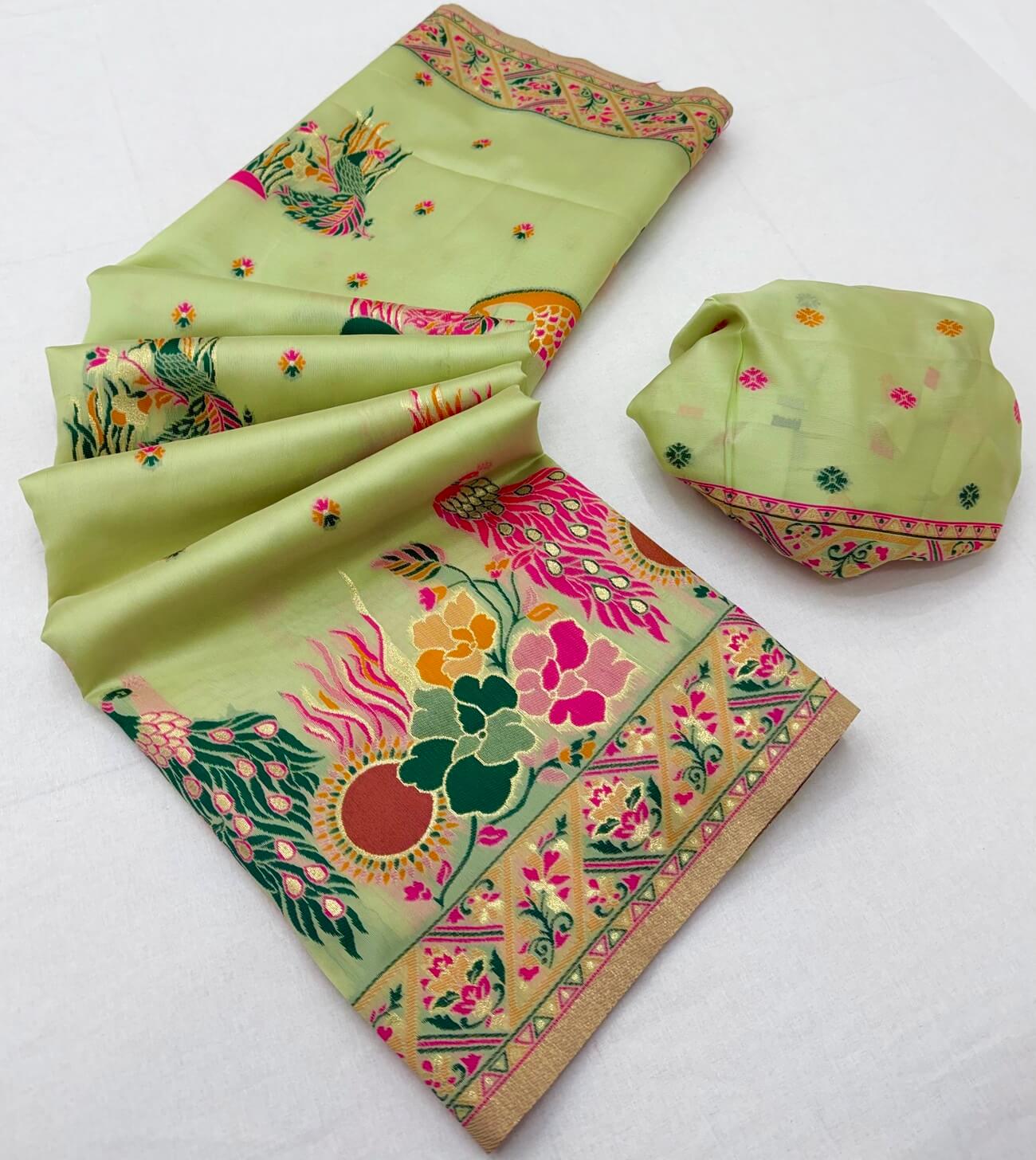 Winsome Pista Pashmina Silk Saree With Amiable Blouse Piece
