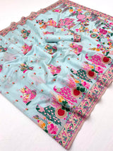 Blissful Sky Pashmina Silk Saree With Enchanting Blouse Piece