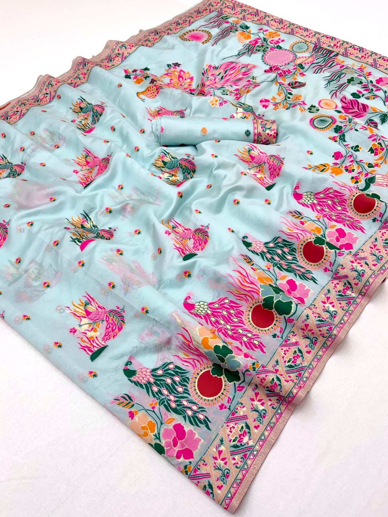 Blissful Sky Pashmina Silk Saree With Enchanting Blouse Piece