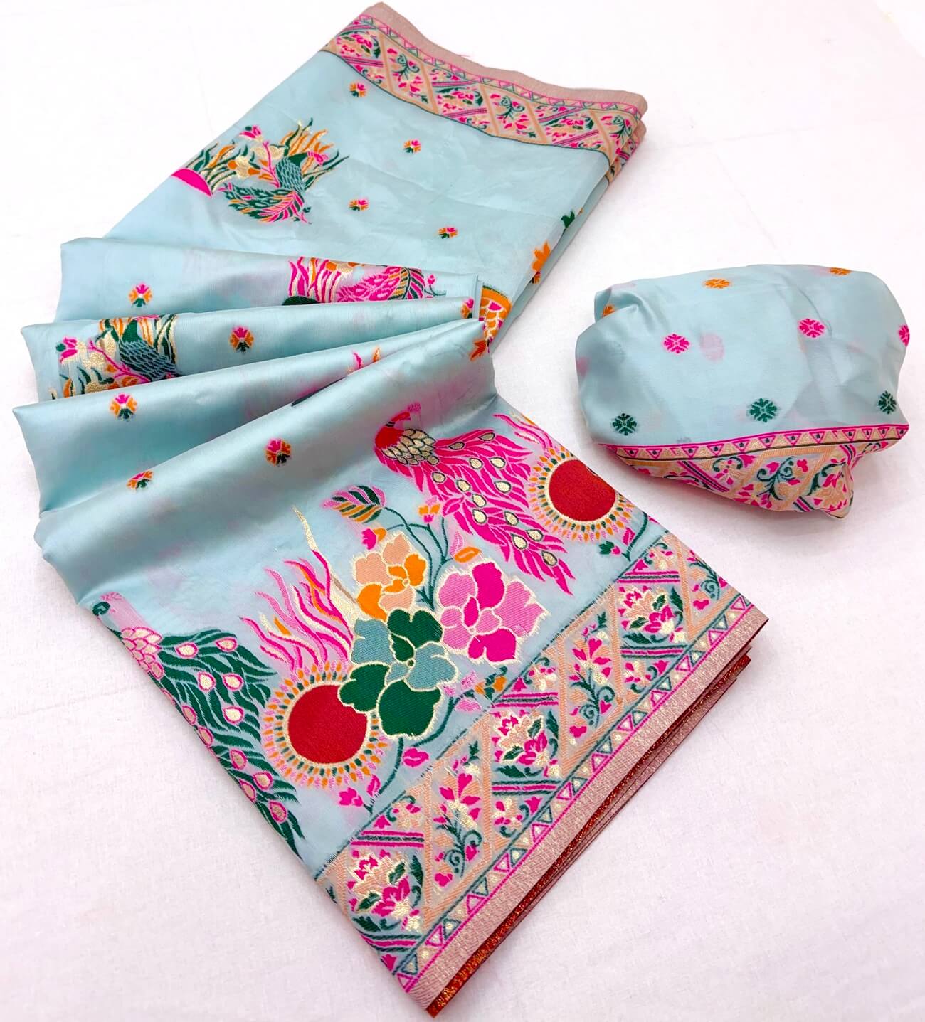Blissful Sky Pashmina Silk Saree With Enchanting Blouse Piece