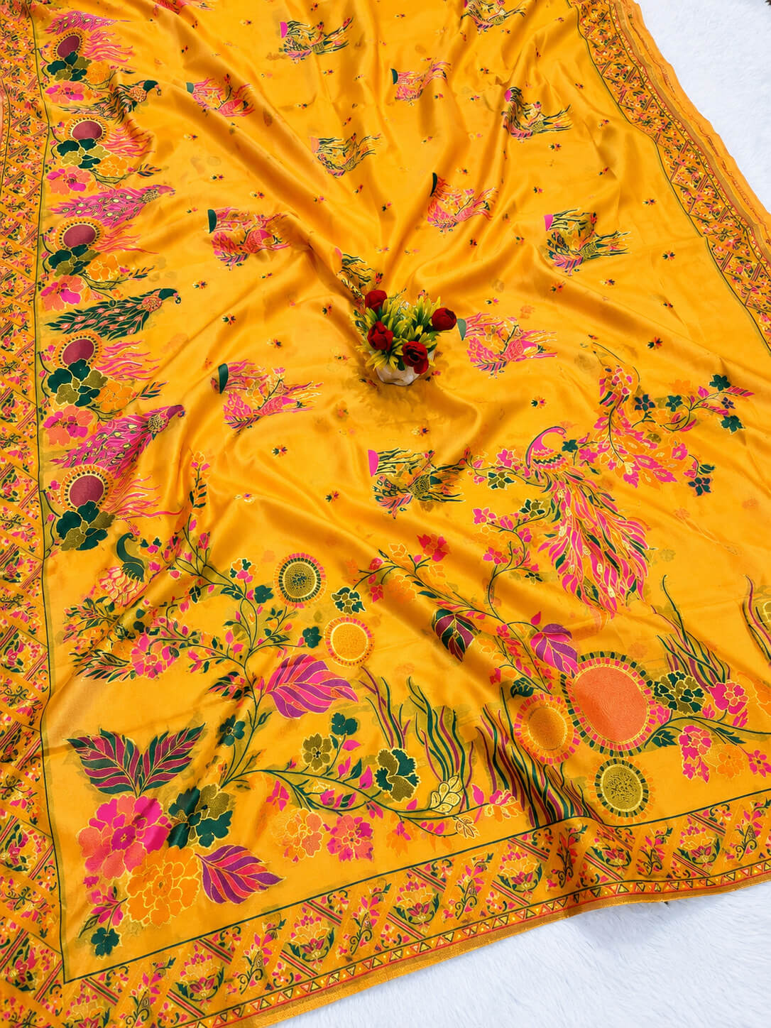 Lustrous Yellow Pashmina Silk Saree With Elegant Blouse Piece