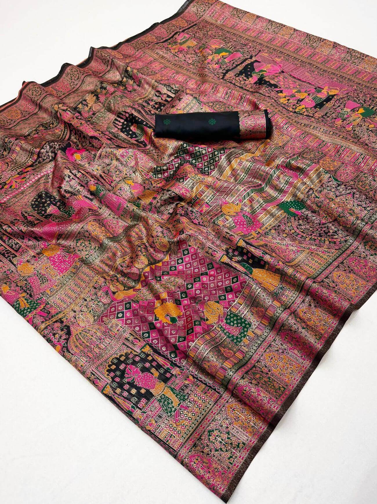 Scrupulous Black Pashmina Silk Saree With Nectarous Blouse Piece