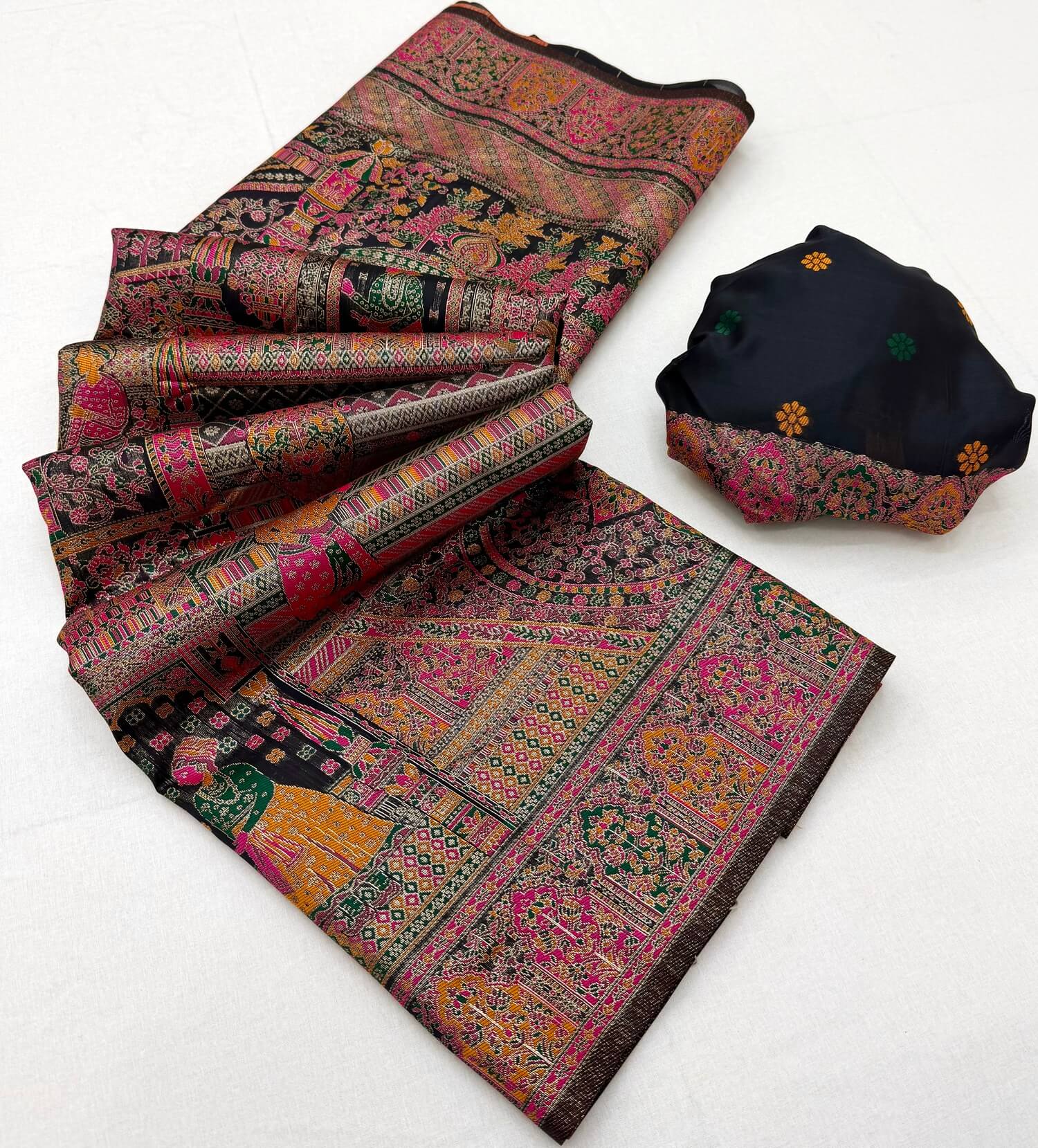 Scrupulous Black Pashmina Silk Saree With Nectarous Blouse Piece