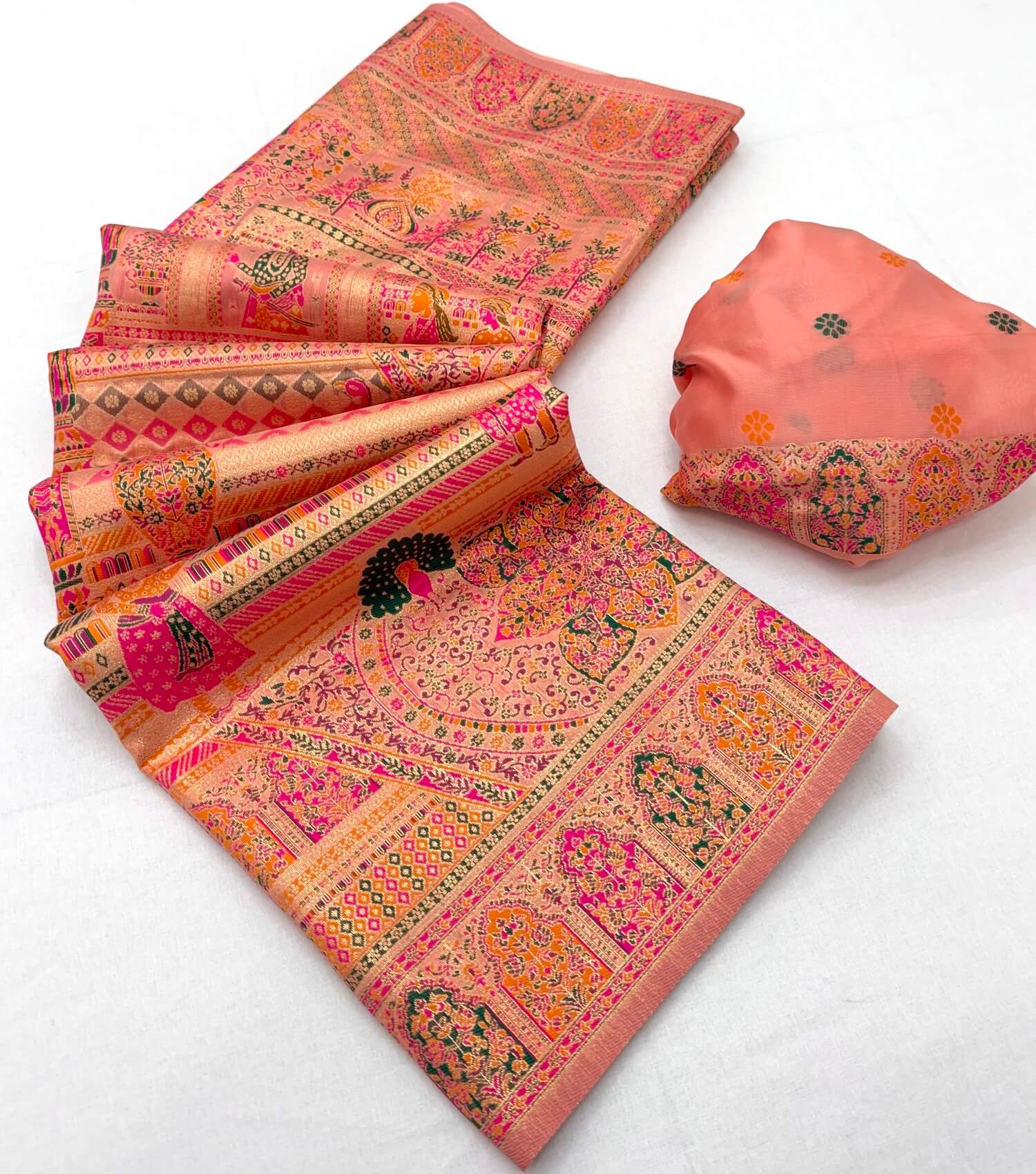 Enamoring Peach Pashmina Silk Saree With Entrancing Blouse Piece