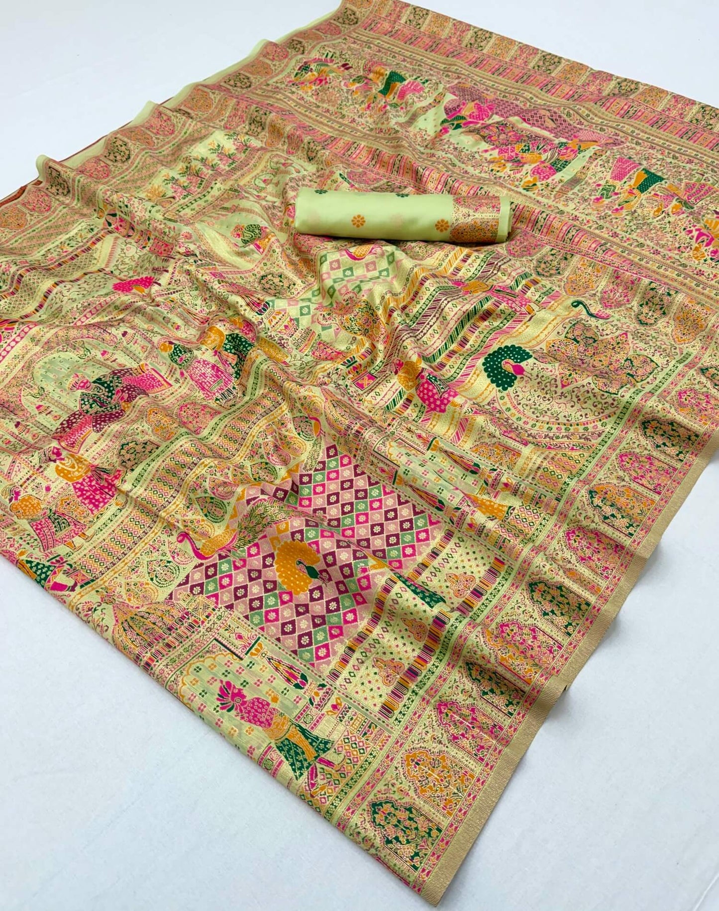 Engaging Pista Pashmina Silk Saree With Charismatic Blouse Piece