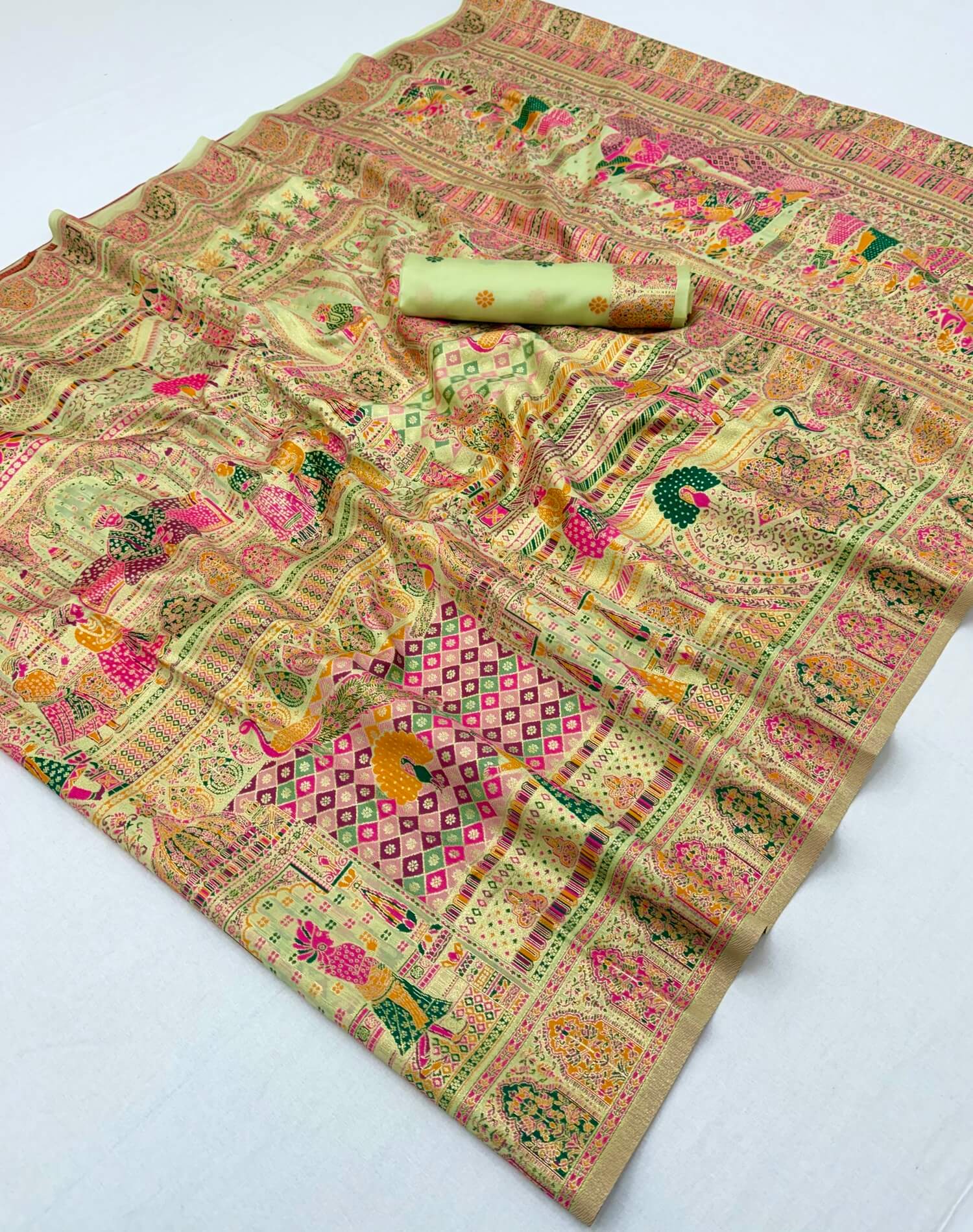 Engaging Pista Pashmina Silk Saree With Charismatic Blouse Piece