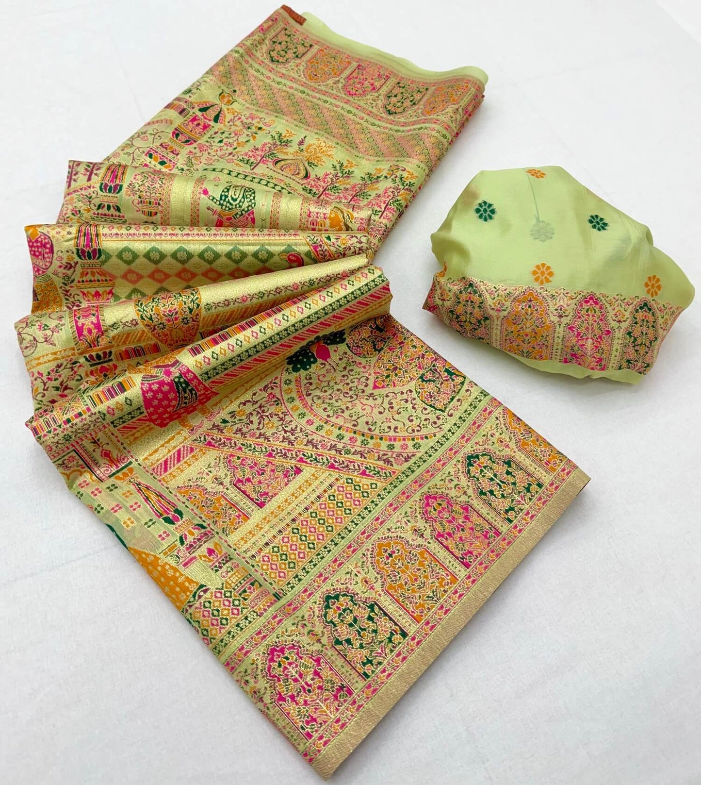 Engaging Pista Pashmina Silk Saree With Charismatic Blouse Piece