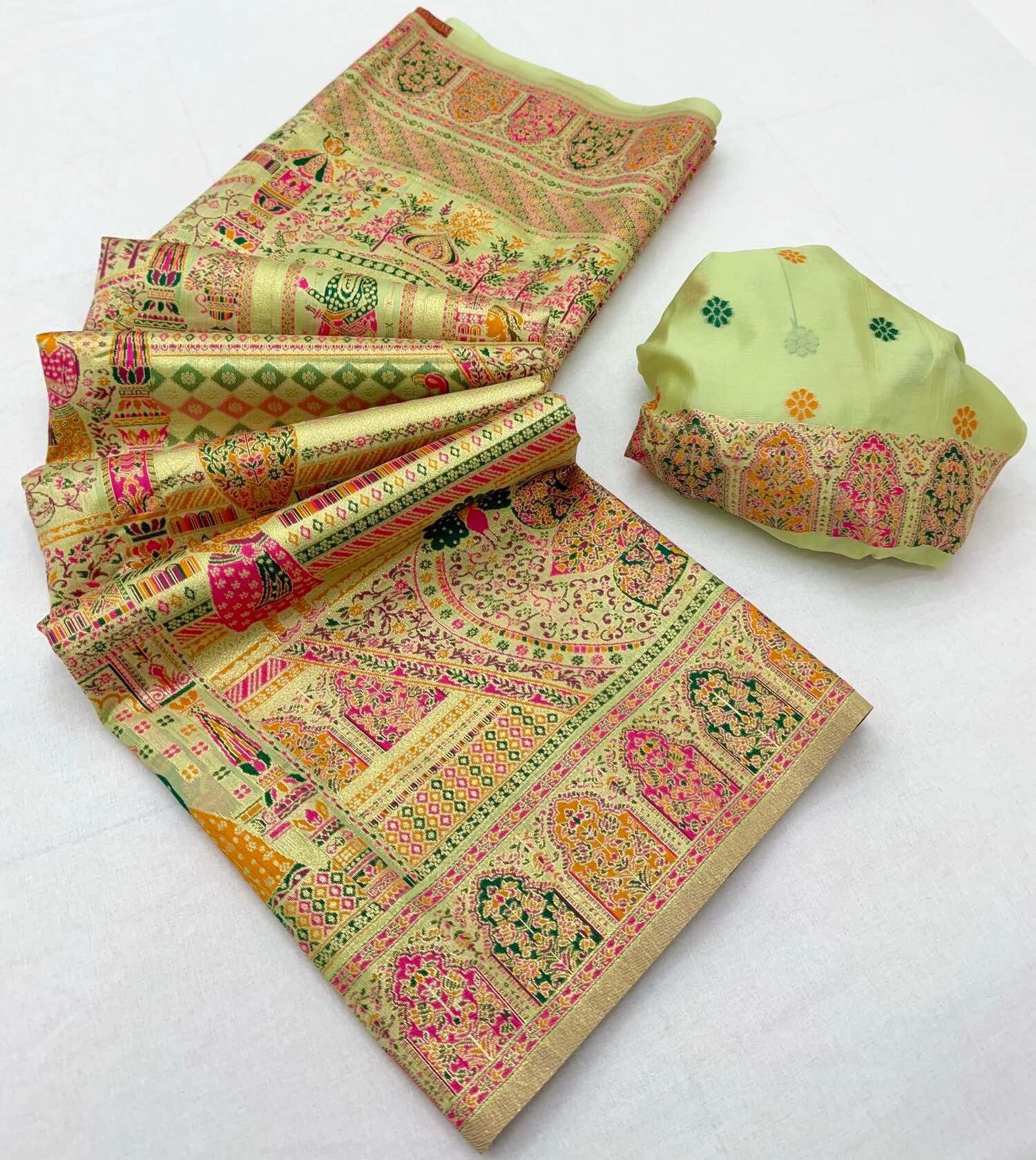 Engaging Pista Pashmina Silk Saree With Charismatic Blouse Piece