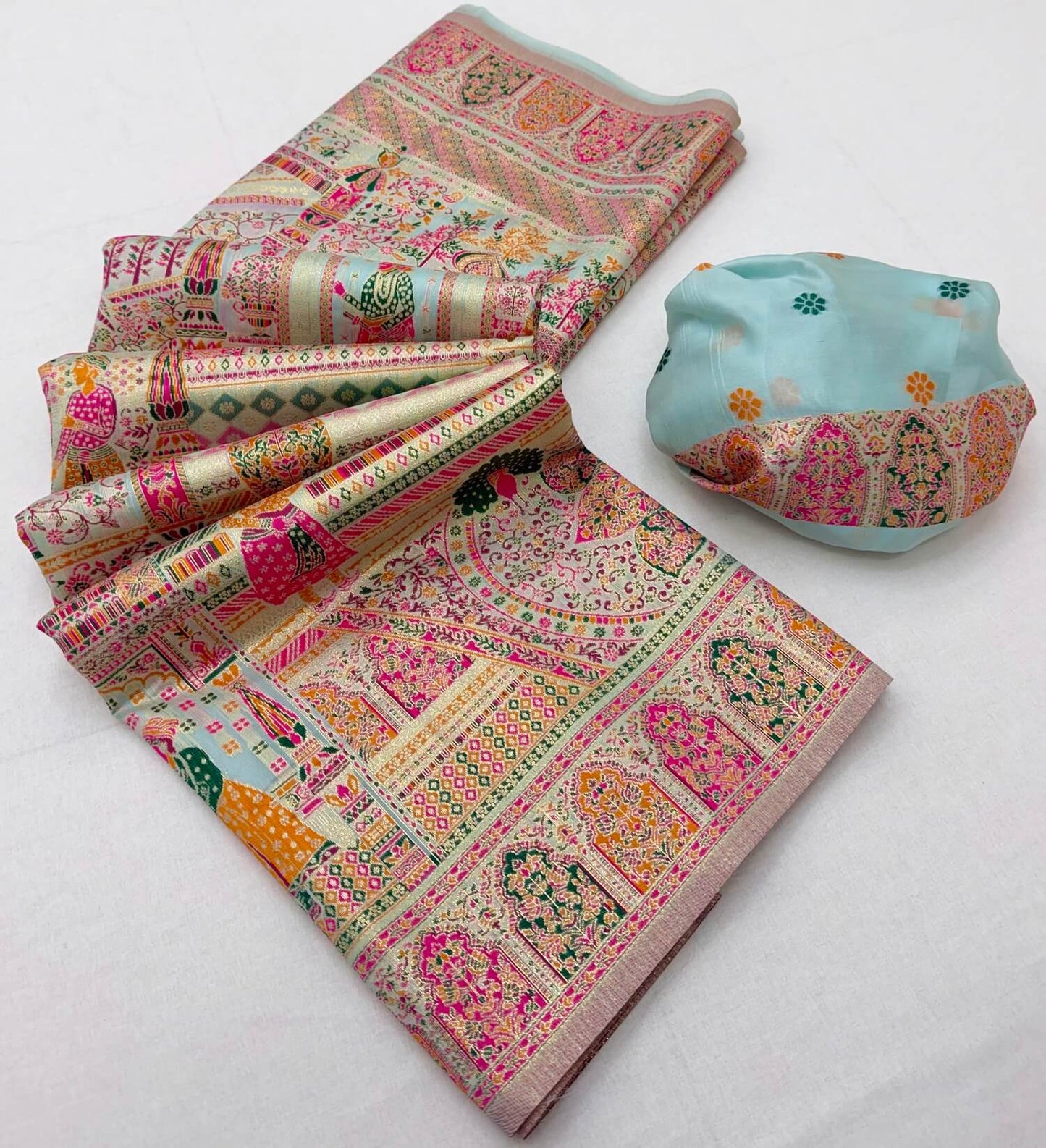Scrumptious Sky Pashmina Silk Saree With Felicitous Blouse Piece