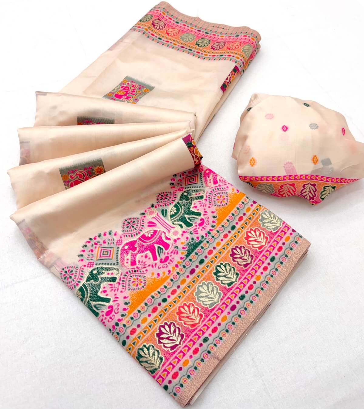 Proficient Beige Pashmina Silk Saree With Dulcet Blouse Piece