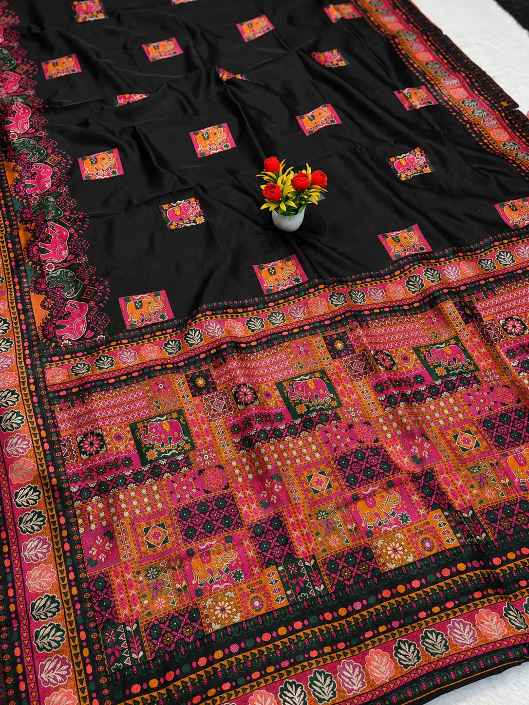 Demanding Black Pashmina Silk Saree With Appealing Blouse Piece