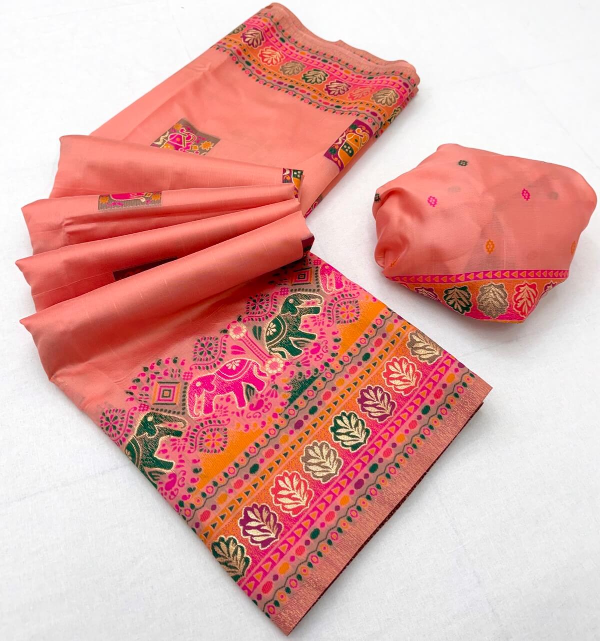 Ethereal Peach Pashmina Silk Saree With Susurrous Blouse Piece