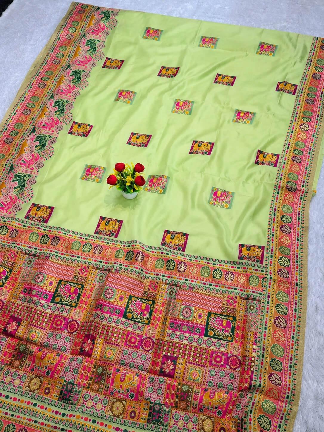 Hypnotic Pista Pashmina Silk Saree With Classy Blouse Piece