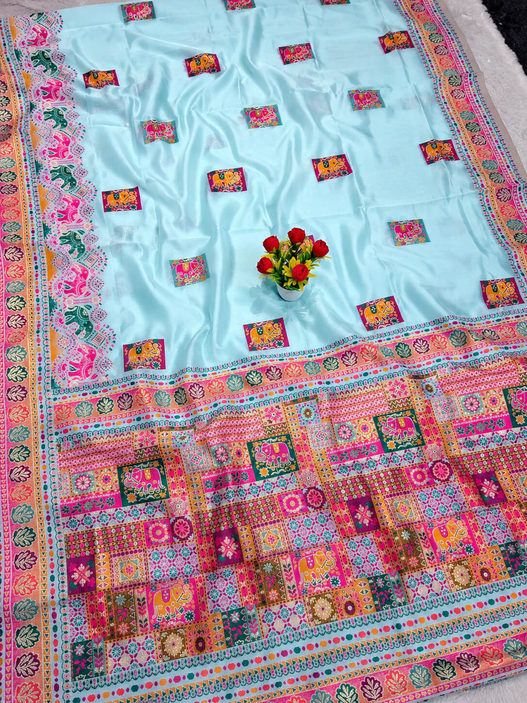 Enticing Sky Pashmina Silk Saree With Allure Blouse Piece