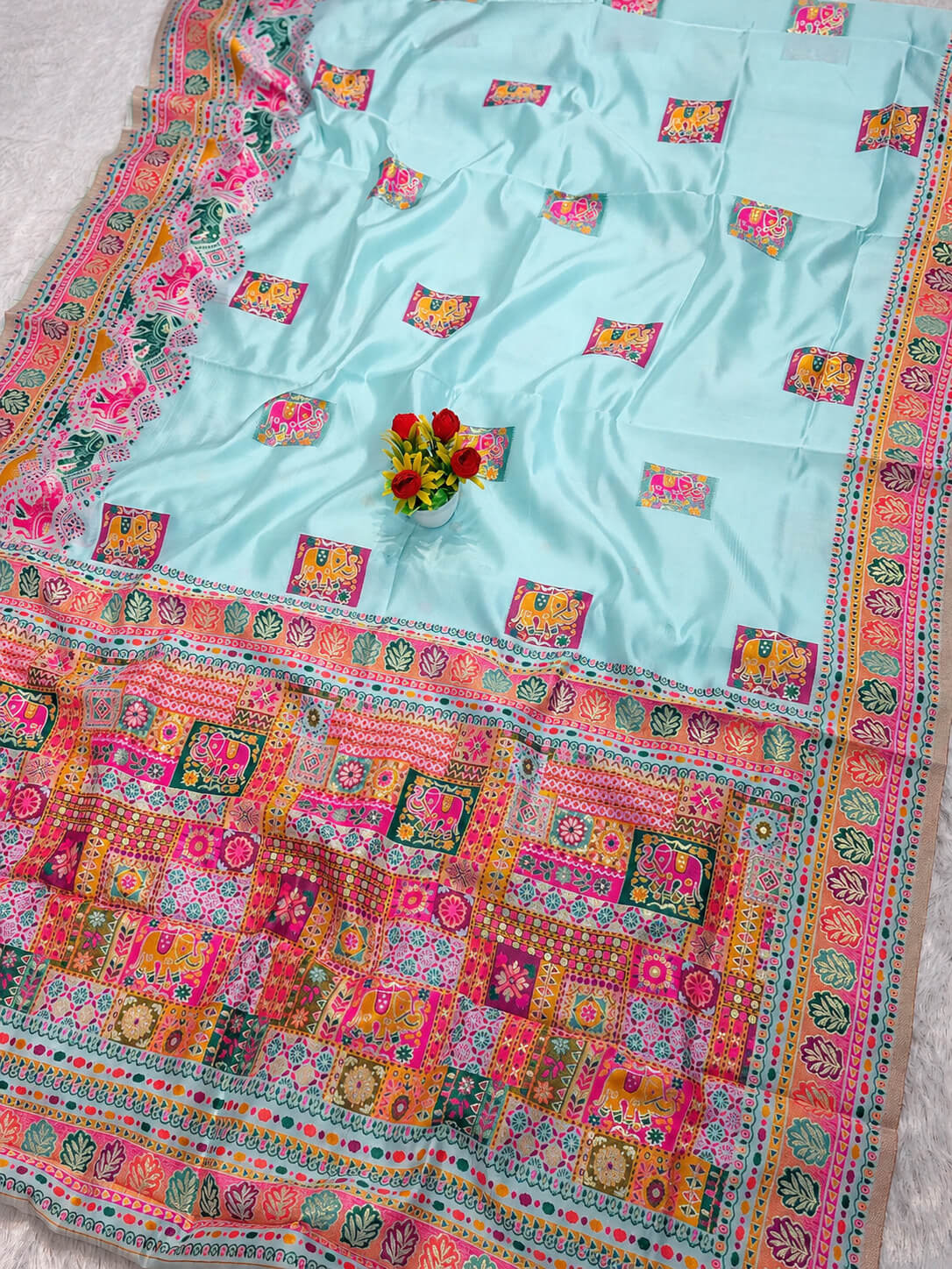 Enticing Sky Pashmina Silk Saree With Allure Blouse Piece