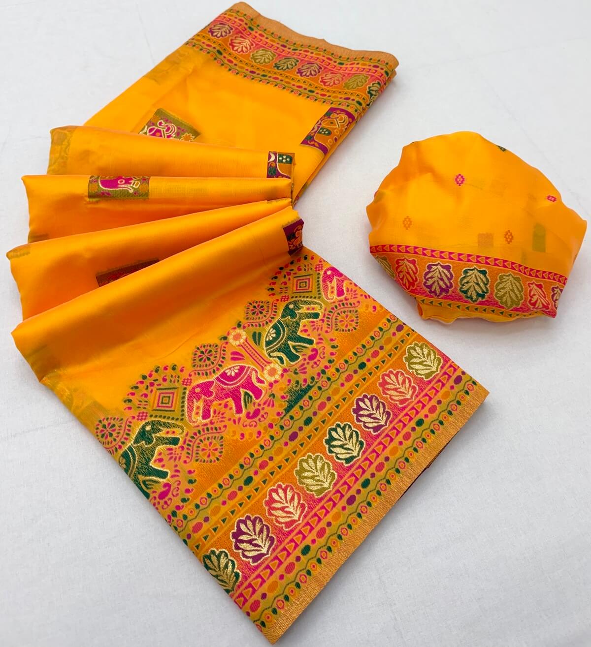 Confounding Yellow Pashmina Silk Saree With Prettiest Blouse Piece