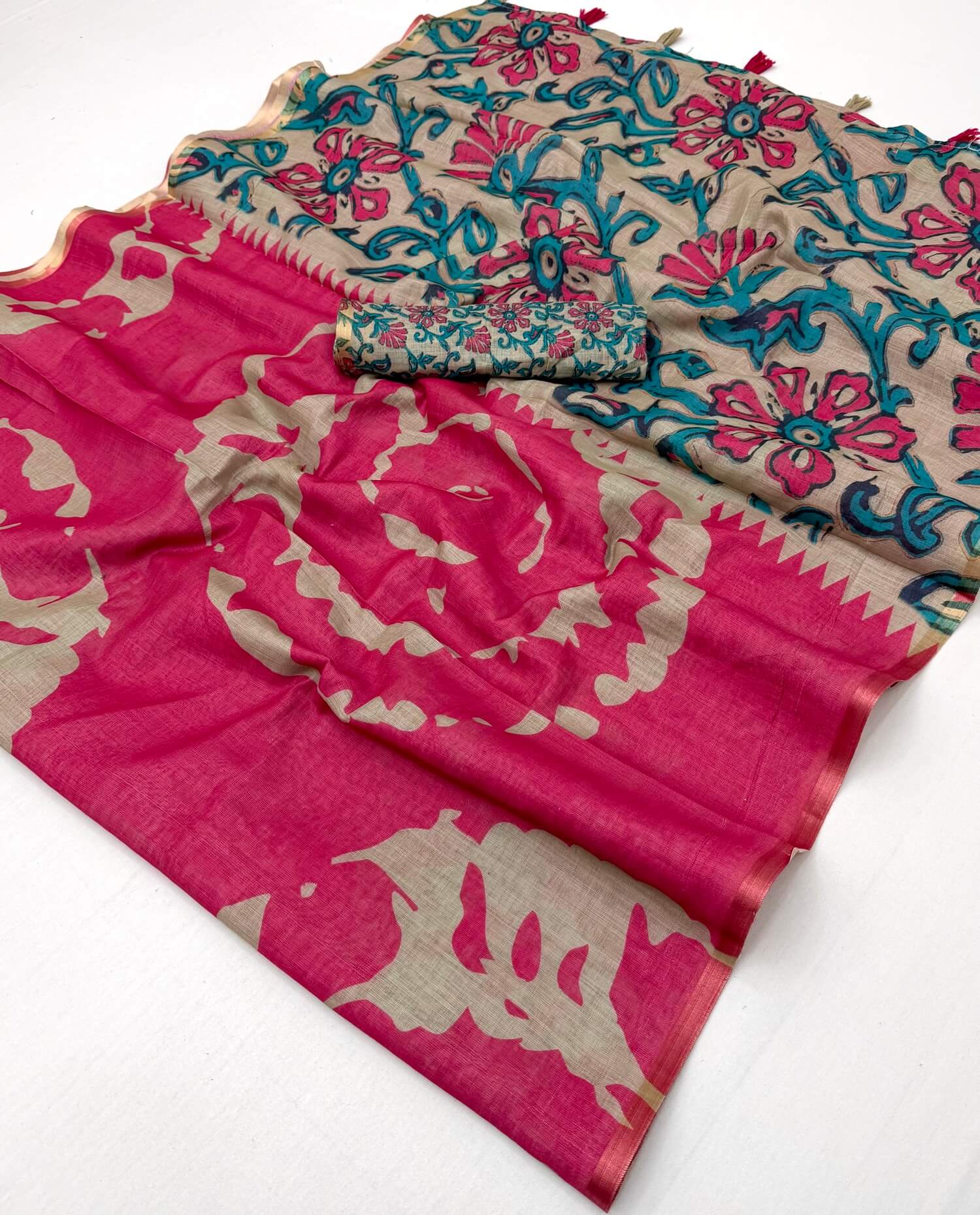 Eloquence Dark Pink Printed Cotton Silk Saree With Majesty Blouse Piece