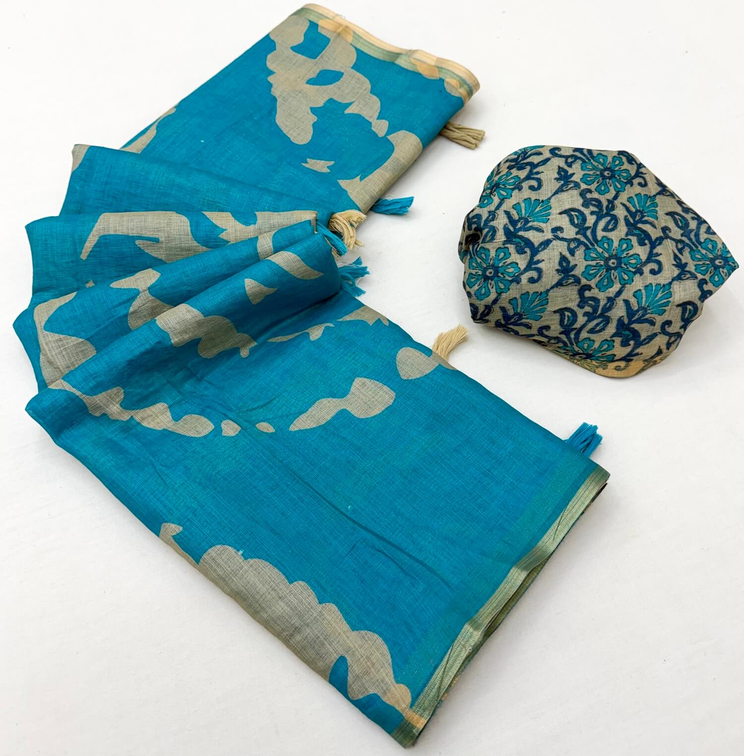 Breathtaking Sky Printed Cotton Silk Saree With Adorning Blouse Piece