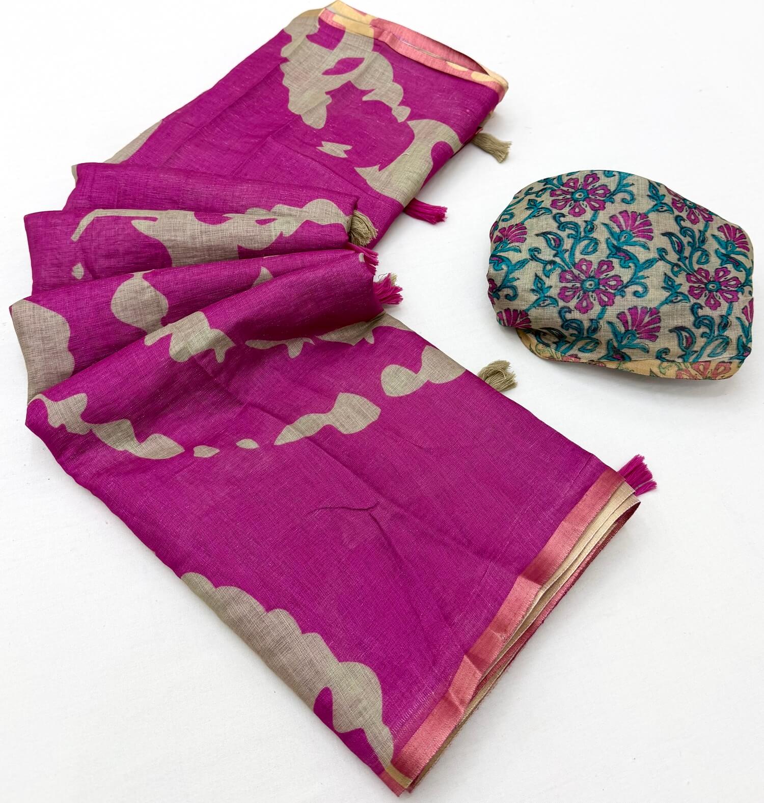 Lassitude Purple Printed Cotton Silk Saree With Radiant Blouse Piece