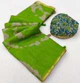 Beautiful Parrot Printed Cotton Silk Saree With Ethereal Blouse Piece