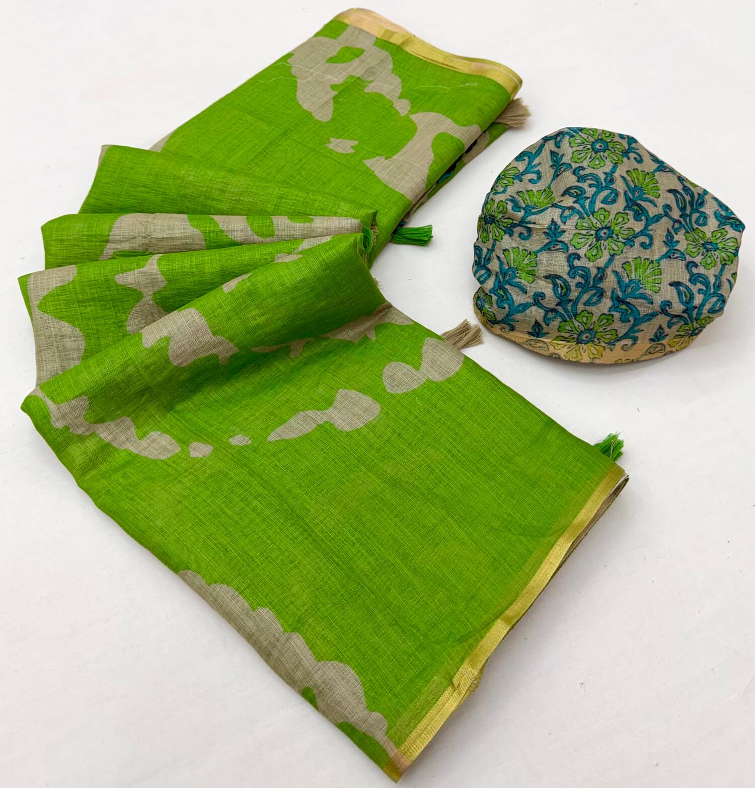 Beautiful Parrot Printed Cotton Silk Saree With Ethereal Blouse Piece