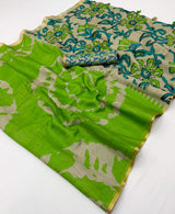 Beautiful Parrot Printed Cotton Silk Saree With Ethereal Blouse Piece
