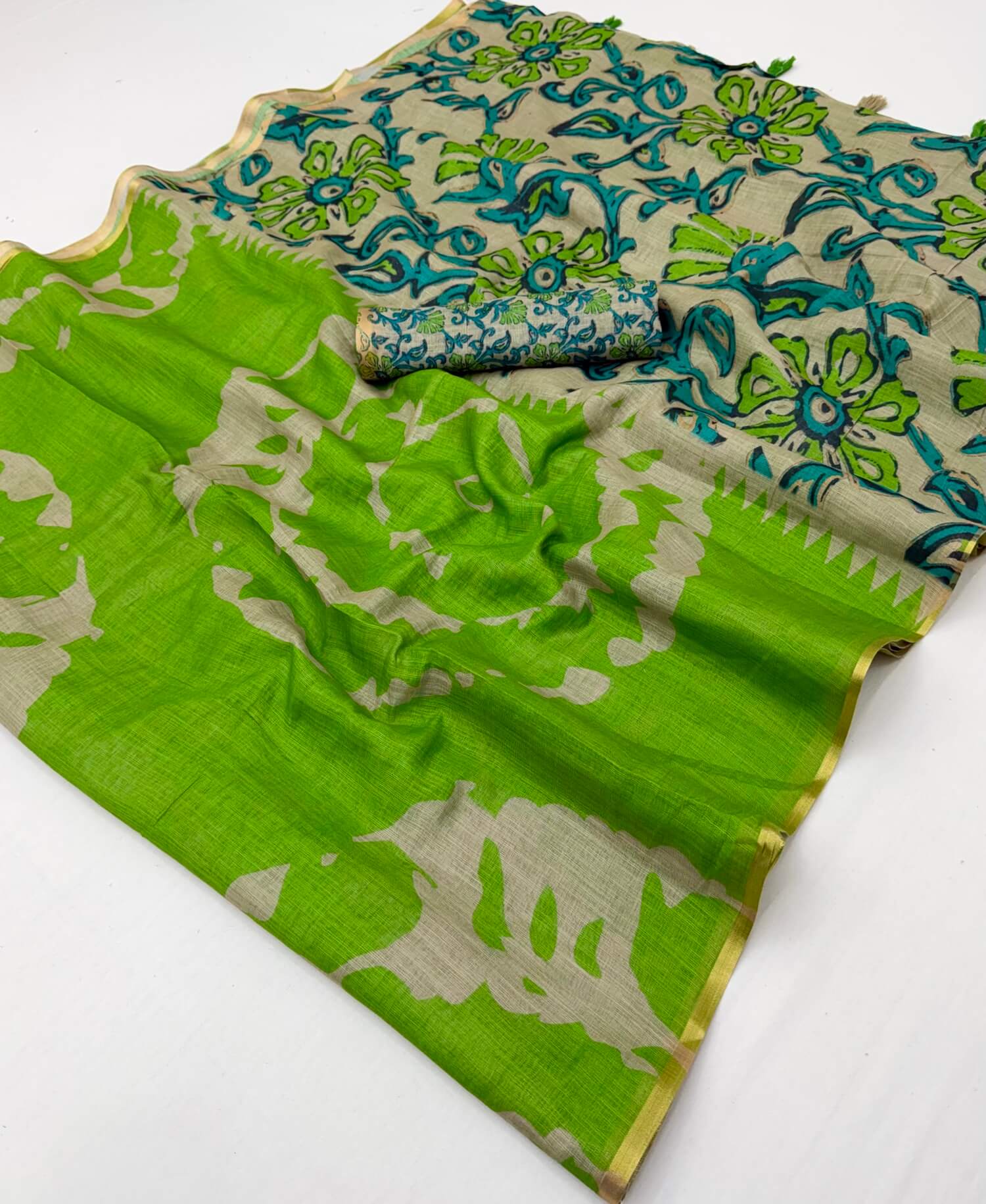 Beautiful Parrot Printed Cotton Silk Saree With Ethereal Blouse Piece