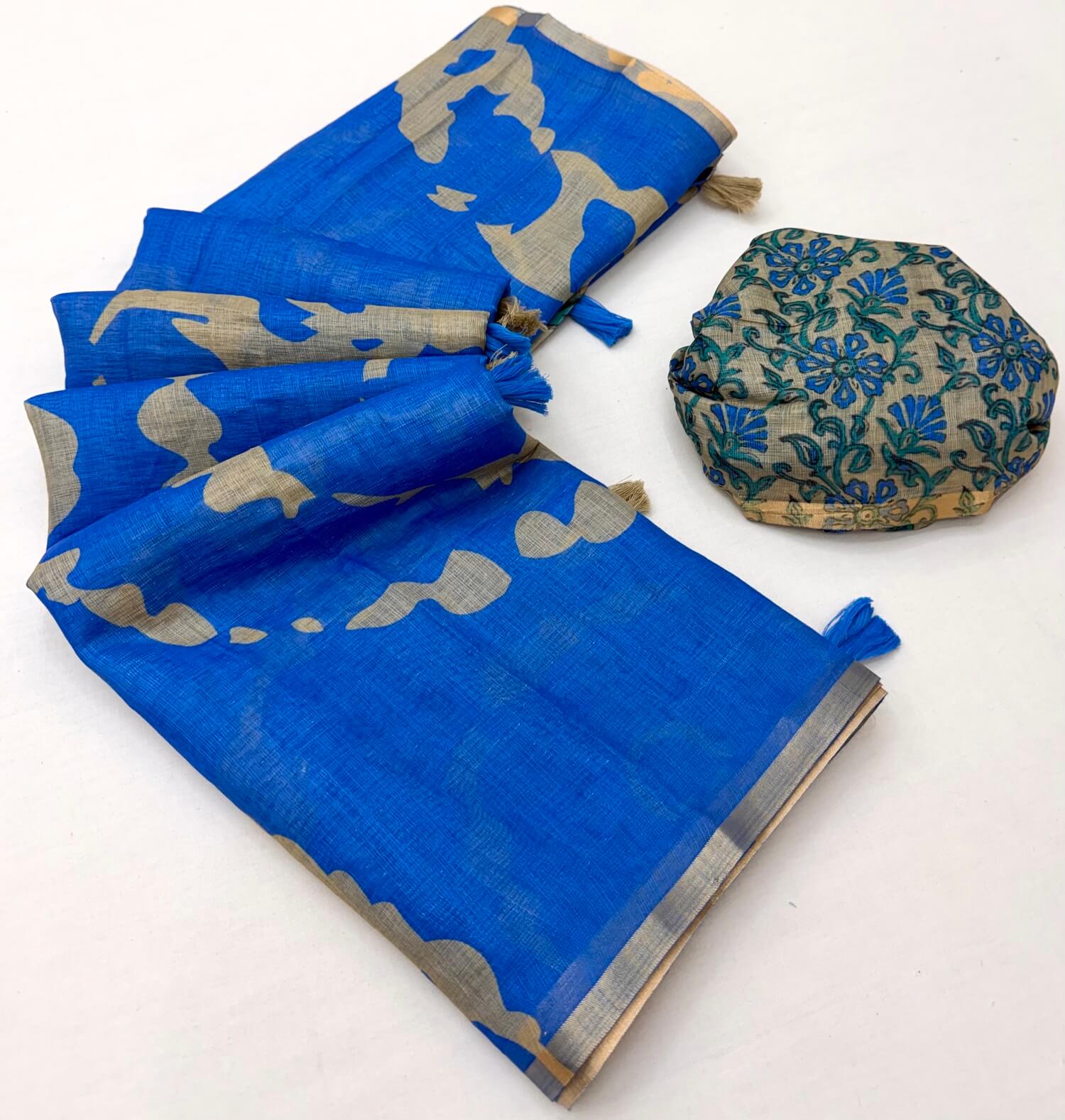 Snappy Royal Blue Printed Cotton Silk Saree With Exceptional Blouse Piece