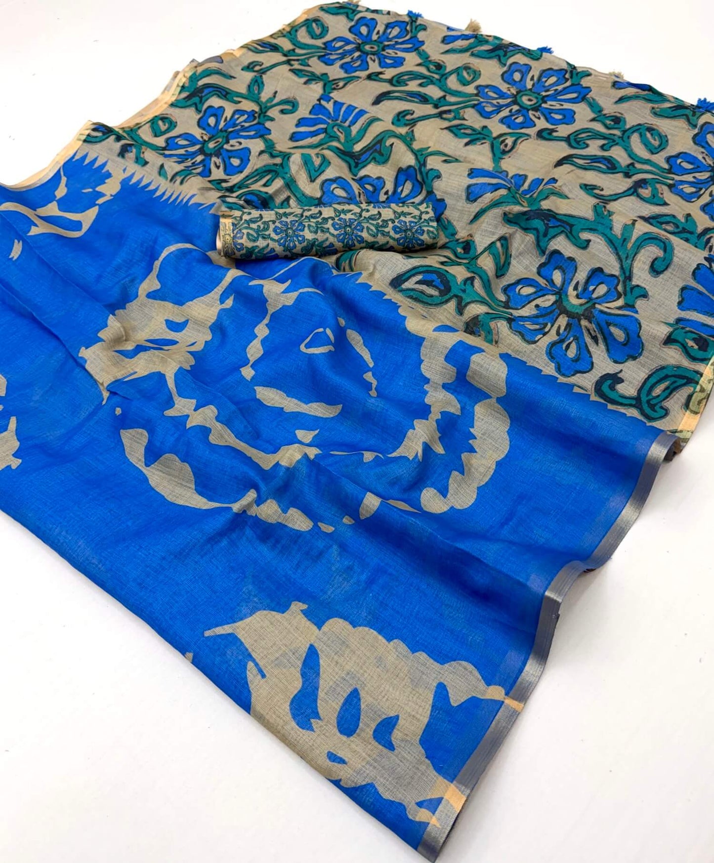Snappy Royal Blue Printed Cotton Silk Saree With Exceptional Blouse Piece