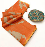 Panoply Orange Printed Cotton Silk Saree With Verdant Blouse Piece