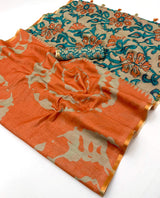 Panoply Orange Printed Cotton Silk Saree With Verdant Blouse Piece