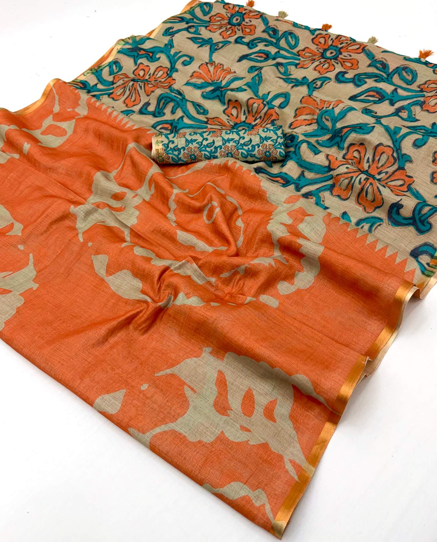 Panoply Orange Printed Cotton Silk Saree With Verdant Blouse Piece