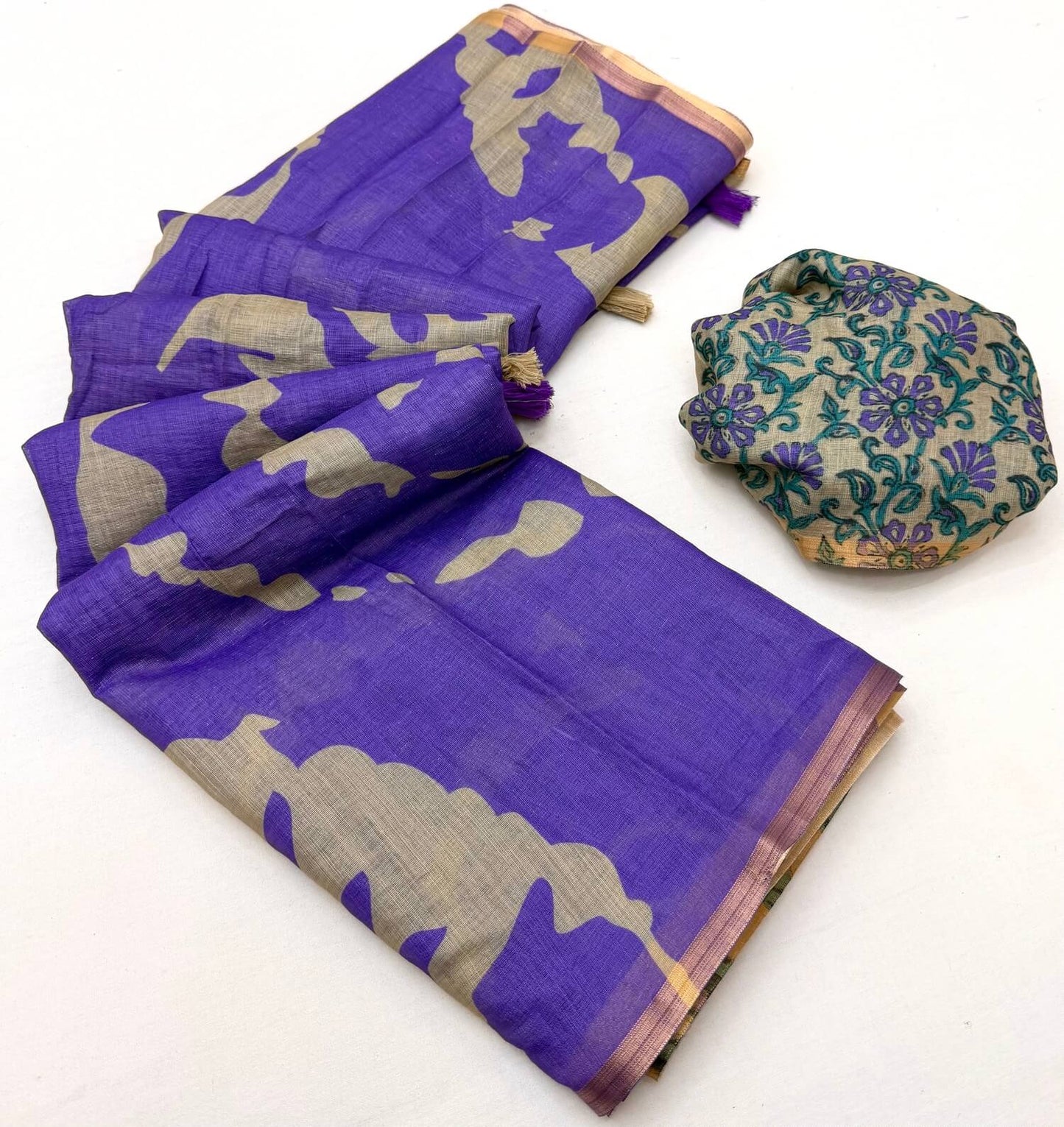 Fancifull Royal Purple Printed Cotton Silk Saree With Vibrant Blouse Piece