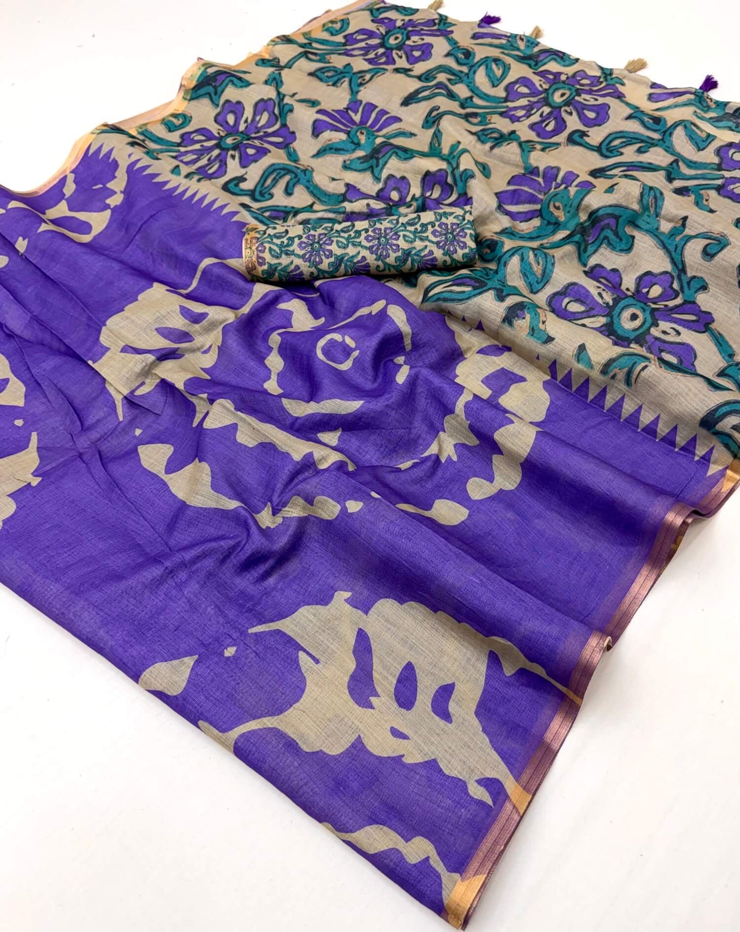 Fancifull Royal Purple Printed Cotton Silk Saree With Vibrant Blouse Piece