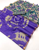 Fancifull Royal Purple Printed Cotton Silk Saree With Vibrant Blouse Piece