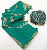 Staggering Rama Printed Cotton Silk Saree With Diaphanous Blouse Piece